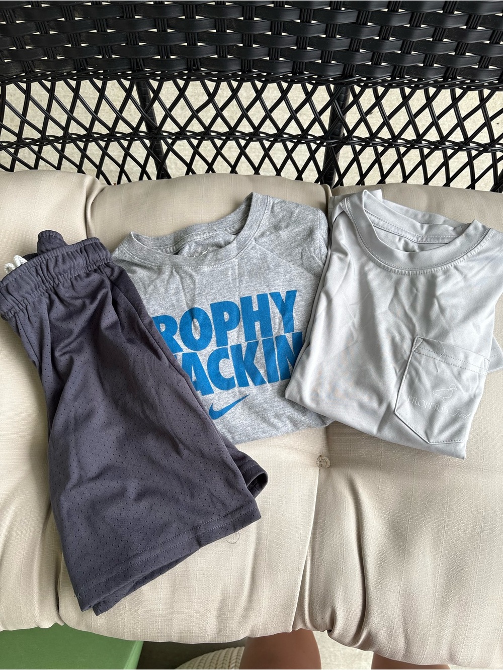 Nike Gray Graphic Tee, Light Gray Pocket Tee & Charcoal Athletic Shorts
